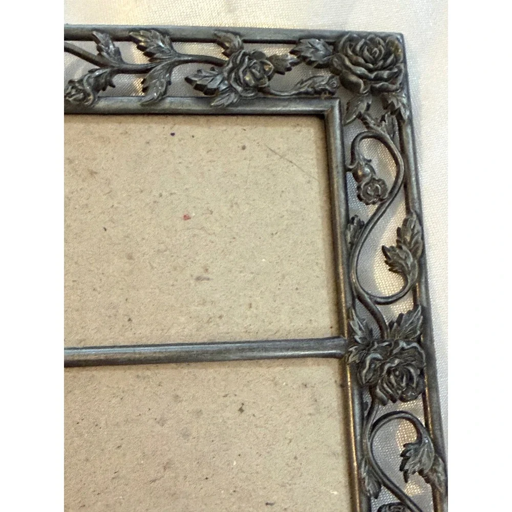 Vintage Pewter Tone Rose Filigree Double Photo Frame Floral 2x3 Horizontal
